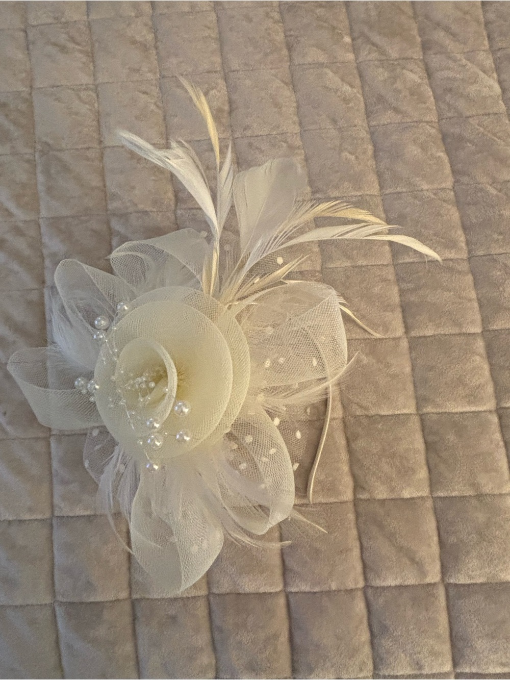 Ivory Floral Feather Fascinator Headpiece - Women Accessories Beige